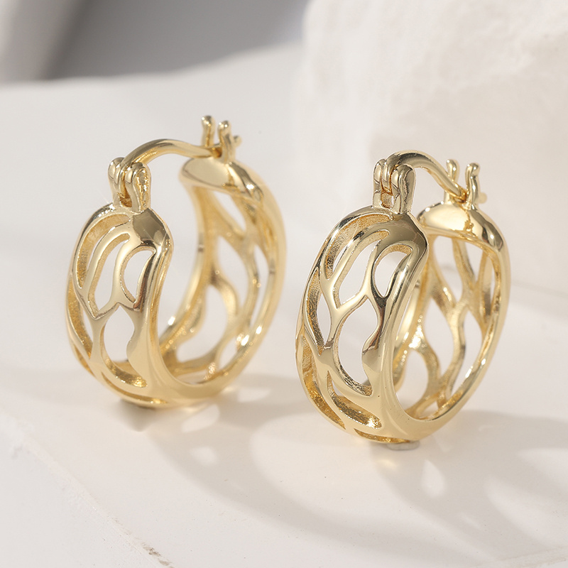 Golden Colored Openwork Hoop Earrings, Nature-Inspired